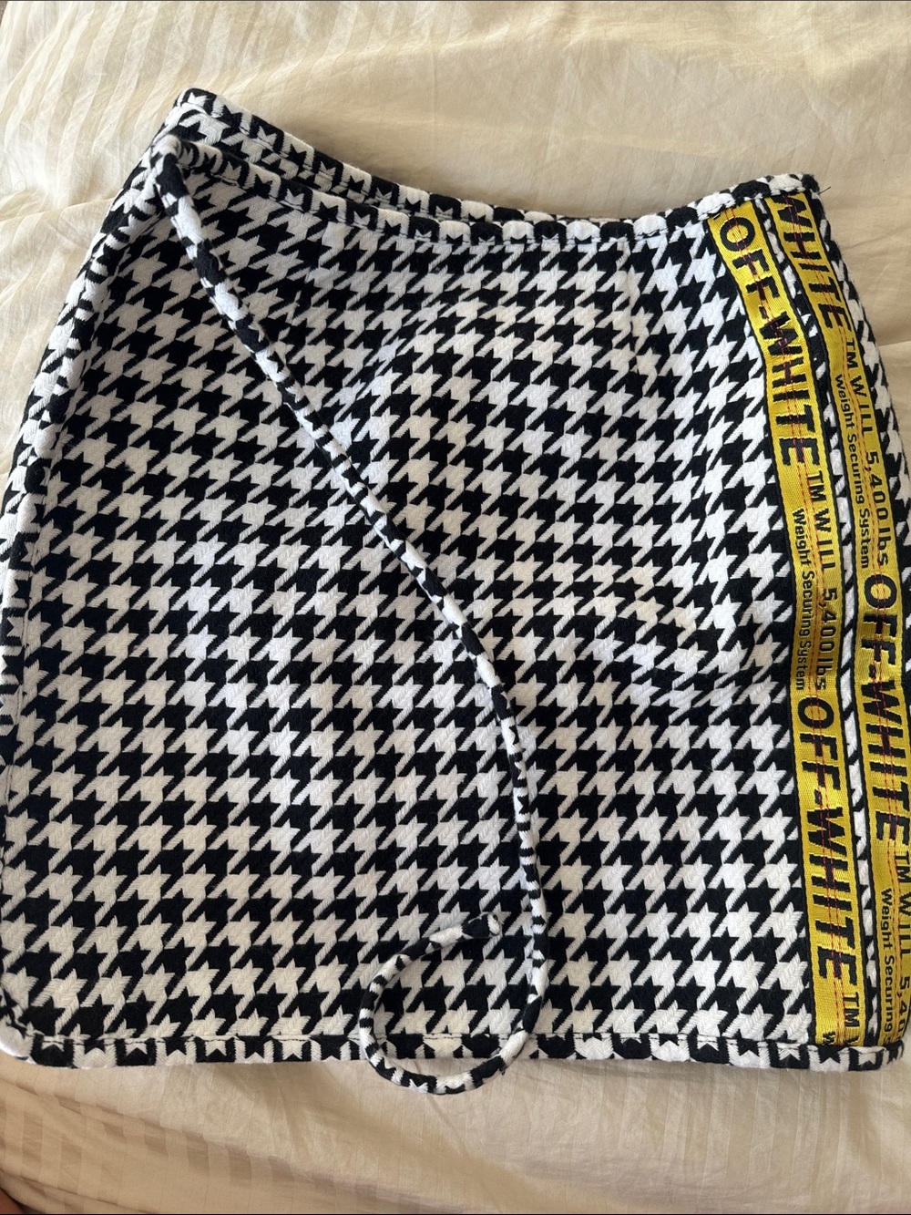 Off-White Black and White Houndstooth Mini Skirt with Yellow Logo Tape